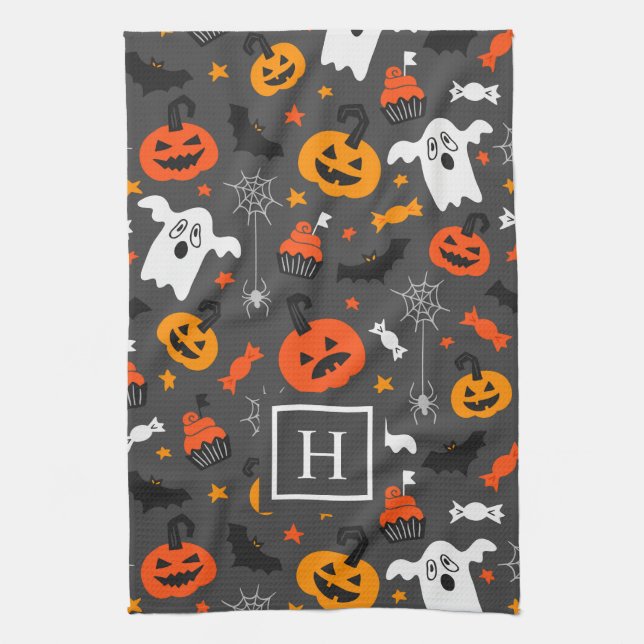 Halloween colours symbols pattern tea towel (Vertical)