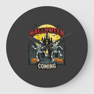 Halloween Coming Dancing Skeletons Castle Pumpkins Large Clock