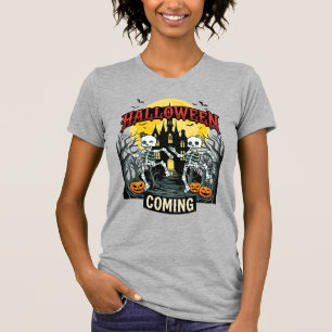 Halloween Coming Dancing Skeletons Castle Pumpkins T-Shirt