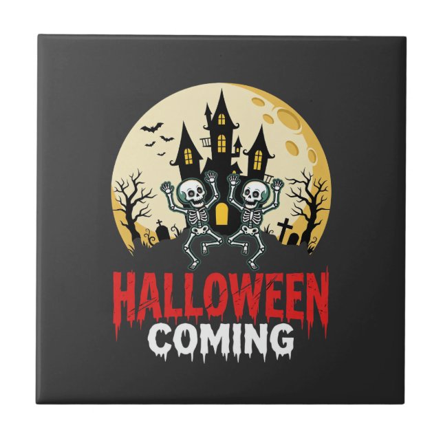 Halloween Coming Dancing Skeletons Haunted Castle  Ceramic Tile (Front)