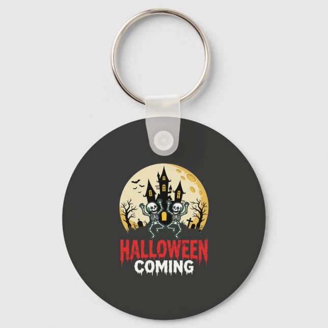 Halloween Coming Dancing Skeletons Haunted Castle  Key Ring (Front)