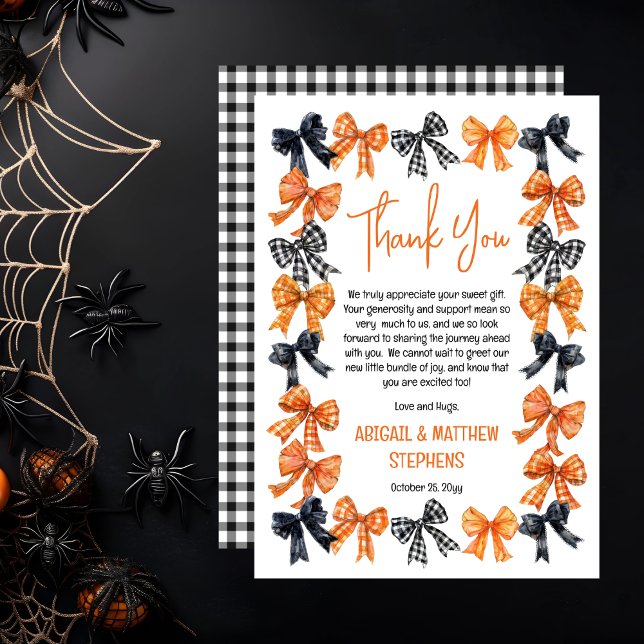 Halloween Coquette Black | Orange Bows Baby Shower Thank You Card (Halloween Coquette Black | Orange Bows Girl Baby Shower Thank You Card)