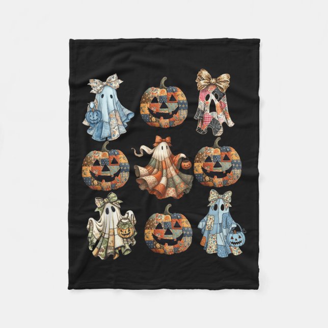 Halloween Coquette Bow Pumpkin Ghost Patchwork Sok Fleece Blanket (Front)