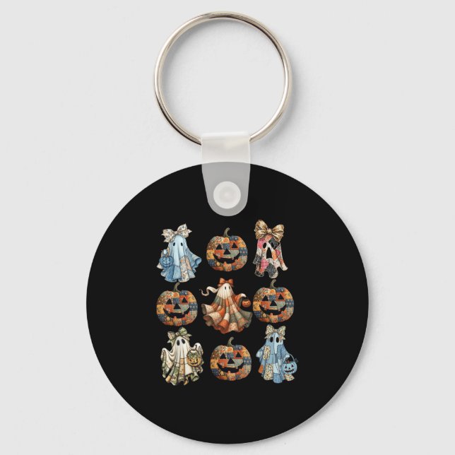 Halloween Coquette Bow Pumpkin Ghost Patchwork Sok Key Ring (Front)