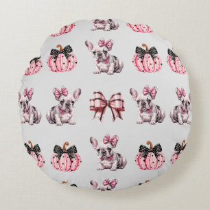 Halloween Coquette Bulldog Bow pumpkin pink  Round Cushion