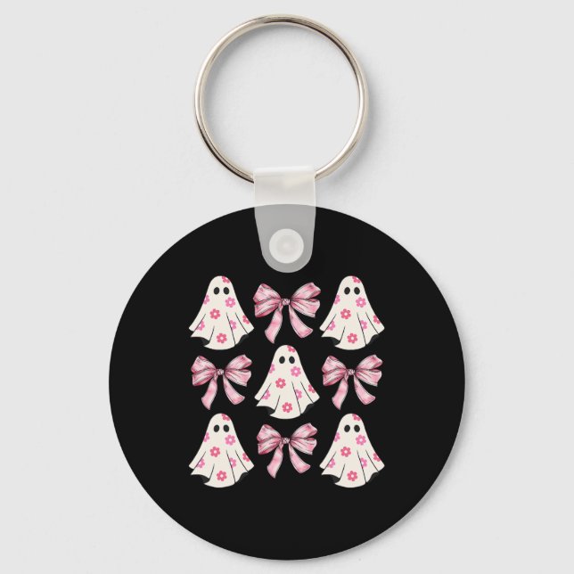 Halloween Coquette Pink Bow Ghost  Key Ring (Front)