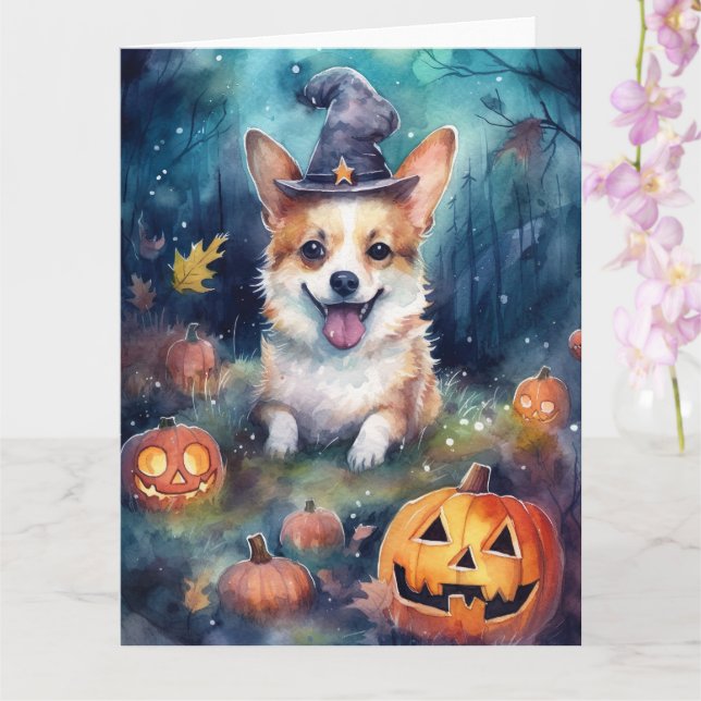 Halloween Corgi With Pumpkins Scary Card (Orchid)
