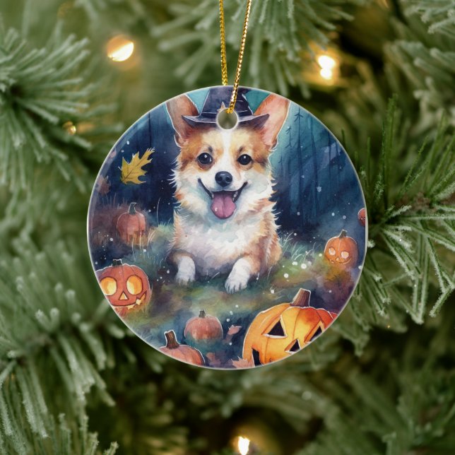 Halloween Corgi With Pumpkins Scary Ceramic Ornament (Tree)