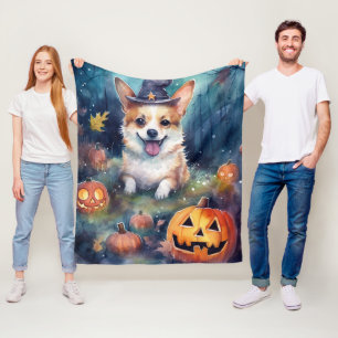 Halloween Corgi With Pumpkins Scary Fleece Blanket