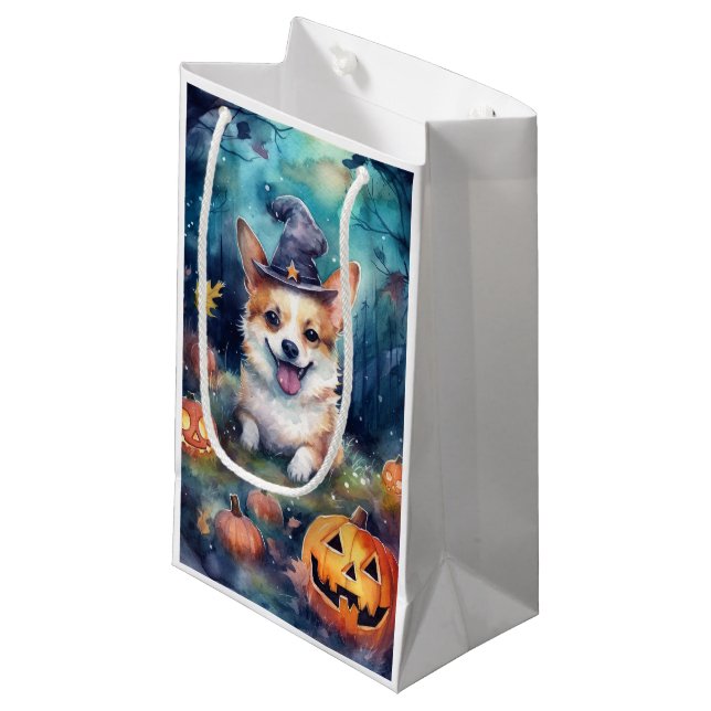 Halloween Corgi With Pumpkins Scary Small Gift Bag (Front Angled)