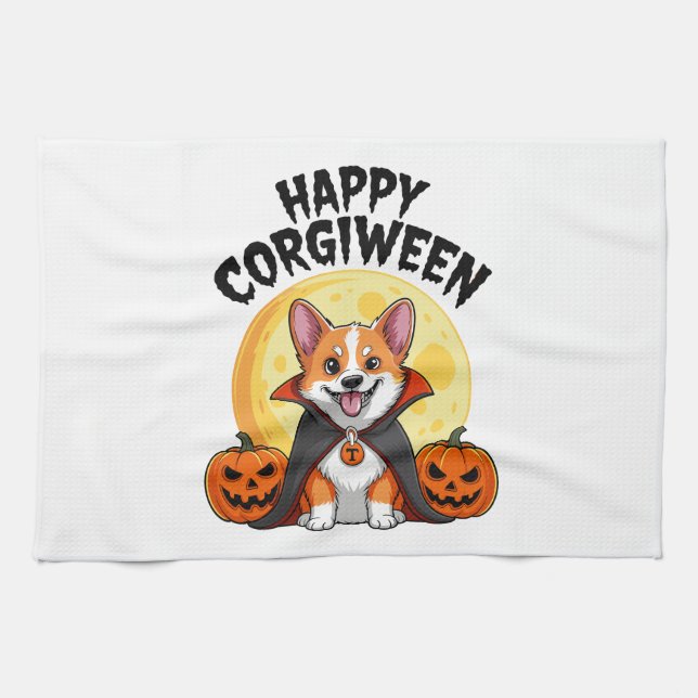 Halloween Corgiween, Spooky Corgi Dog Tea Towel (Horizontal)