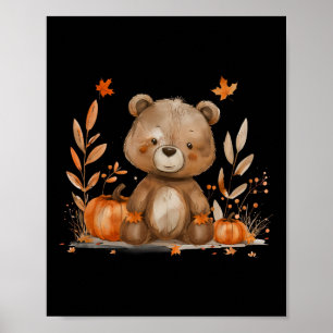 Halloween Costume Cute Bear Autumn Leaves Pumpkin  Poster