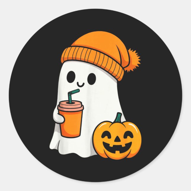 Halloween Costume Ghost Drinking Pumpkin Men Women Classic Round Sticker (Front)