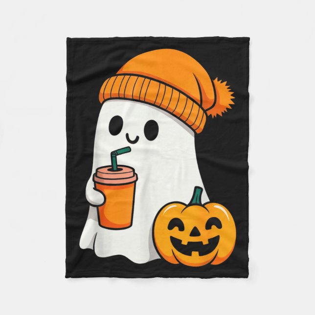 Halloween Costume Ghost Drinking Pumpkin Men Women Fleece Blanket (Front)