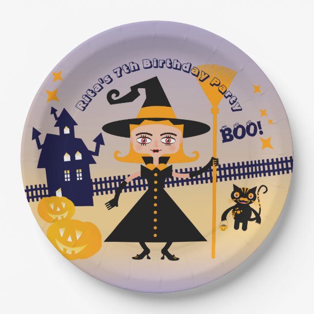 Halloween Costume Girl Witch Birthday Party Paper Plate (Front)