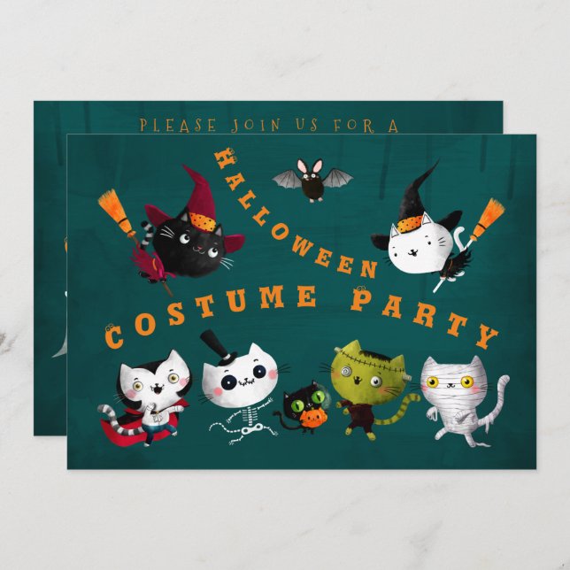 Halloween Costume Party Birthday Witch Cats Mummy Invitation (Front/Back)