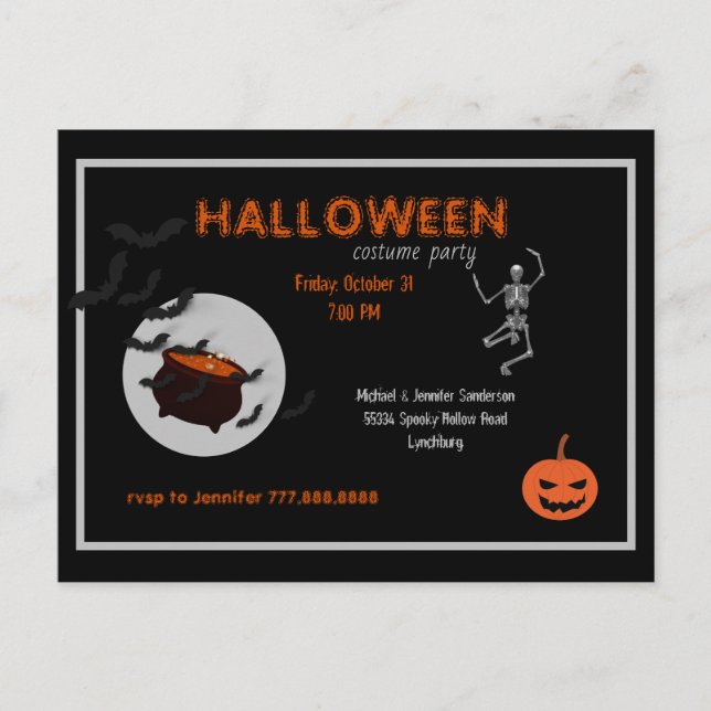 Halloween Costume Party Black and Orange Invitation Postcard (Front)