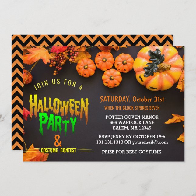 Halloween Costume Party Black Orange Invitation (Front/Back)