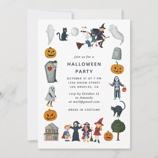 Halloween Costume Party | Cartoon Kids Spooky Cute Invitation (Front)