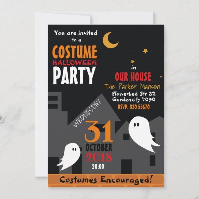 Halloween costume party ghost town cartoon spooky invitation (Back)