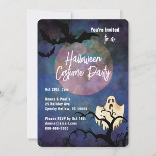 Halloween Costume Party, Moon & Ghost Invitation