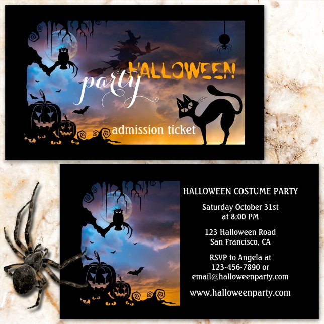 Halloween Costume Party Ticket Business Card (Cute Halloween business card featuring a cat, a witch and owl in a tree at full moon - party ticket)