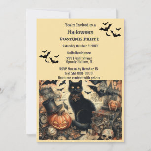 Halloween Costume Party Vintage Black Cat  Invitation