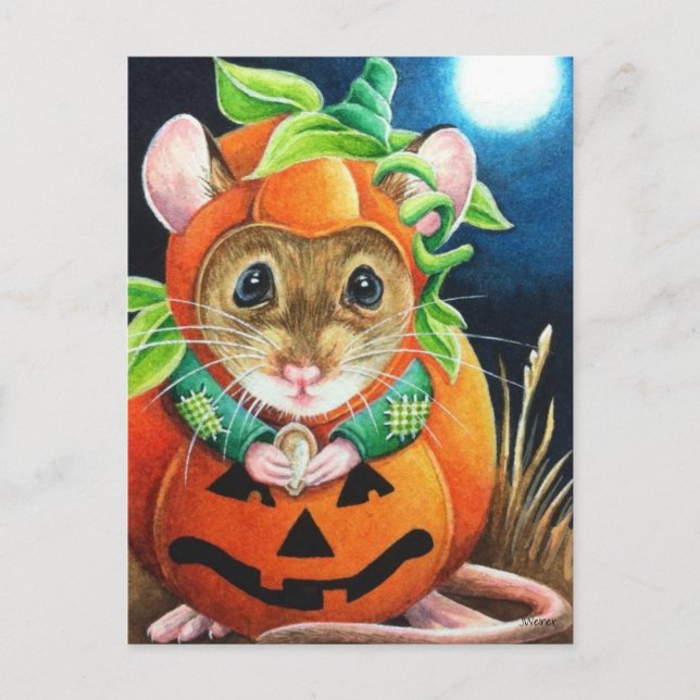Halloween Costume Pumpkin Mouse Watercolor Art Postcard (Front)