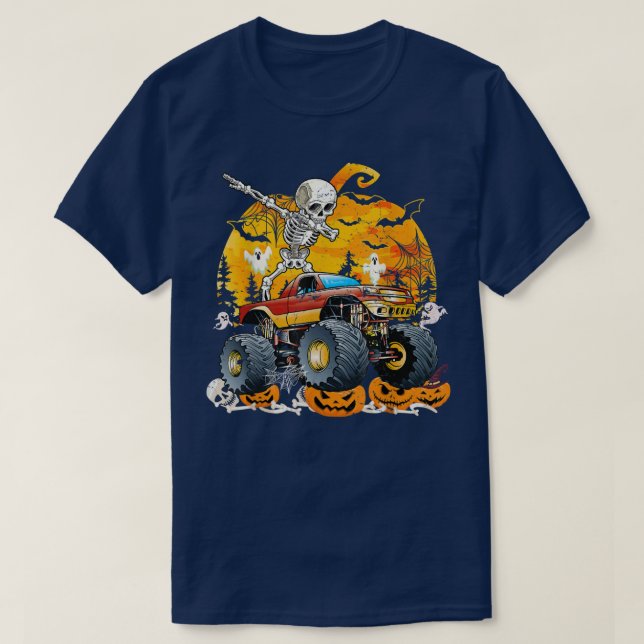 Halloween Costume Skeleton Riding Monster Truck Pu T-Shirt (Design Front)