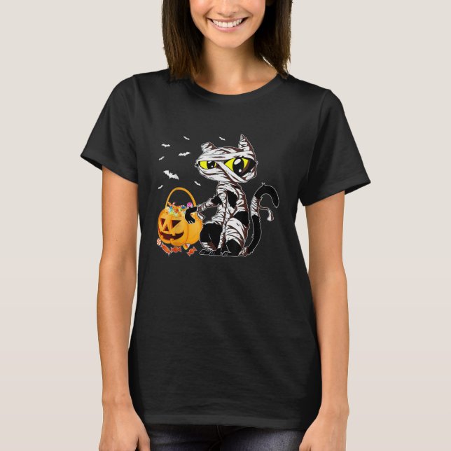 Halloween Costumes Cat Mummy Pumpkin Candy Basket T-Shirt (Front)
