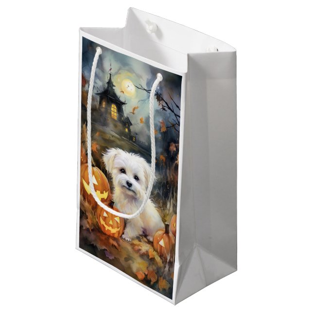 Halloween Coton De Tulear With Pumpkins Scary Small Gift Bag (Front Angled)