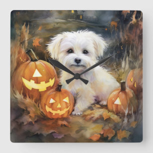 Halloween Coton De Tulear With Pumpkins Scary Square Wall Clock