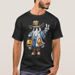 Halloween Cowboy Blue Denim Ghost Western  T-Shirt