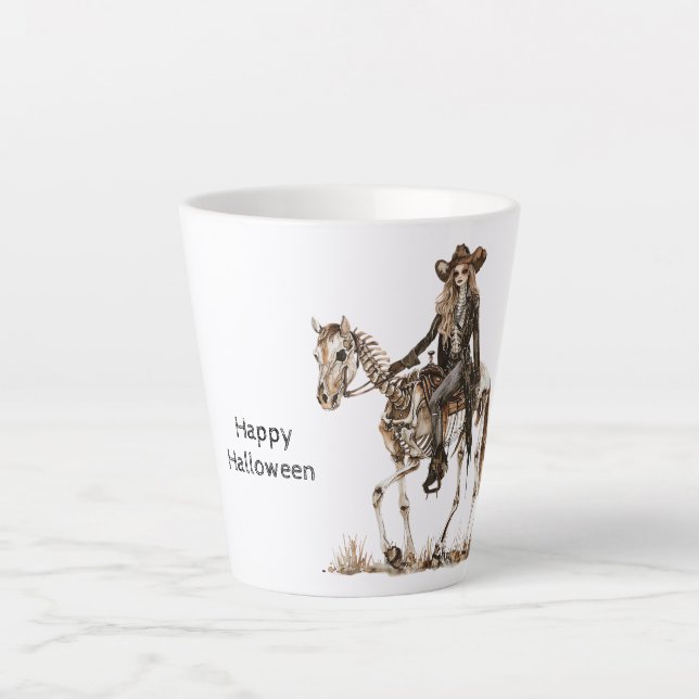 Halloween Cowgirl Western Horse Skeleton Latte Mug (Front)
