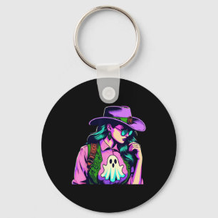 Halloween Cowgirl With Ghost Pop Art Key Ring