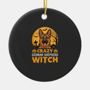 Halloween Crazy German Shepherd Witch Design Ceramic Ornament