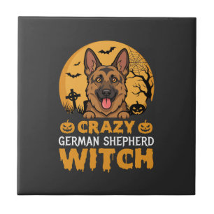 Halloween Crazy German Shepherd Witch Design Ceramic Tile