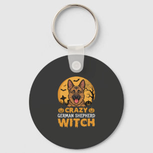 Halloween Crazy German Shepherd Witch Design Key Ring