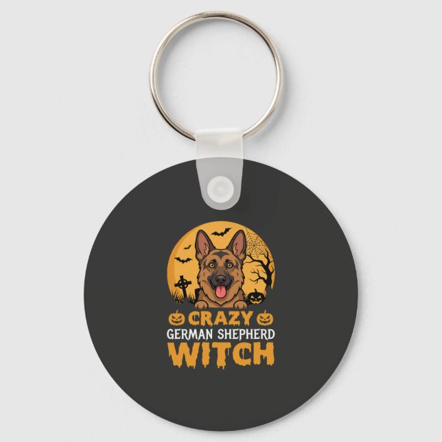 Halloween Crazy German Shepherd Witch Design Key Ring (Front)