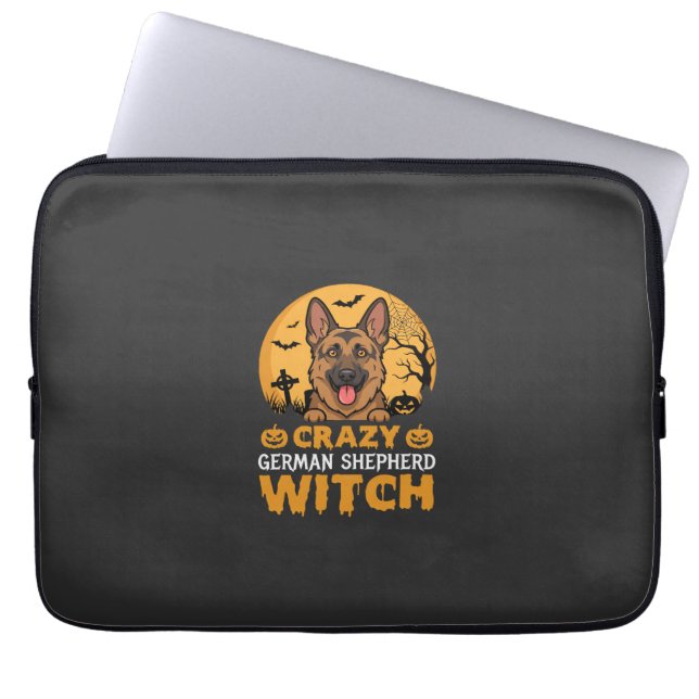 Halloween Crazy German Shepherd Witch Design Laptop Sleeve (Front)