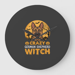 Halloween Crazy German Shepherd Witch Design Large Clock