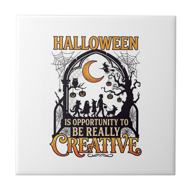Halloween Creative Kids Silhouette Crescent Moon W Ceramic Tile (Front)