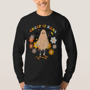 Halloween Creep It Real Retro Skateboarding Ghost T-Shirt
