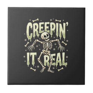 Halloween Creepin It Real Dancing Skeleton Design Ceramic Tile