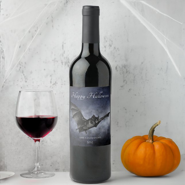 Halloween Creepy Bat Flying Personalised Dark Navy Wine Label (Creator Uploaded)