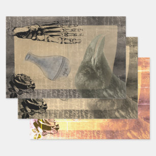 Halloween Creepy Crow Vintage Ephemera  Wrapping Paper Sheet