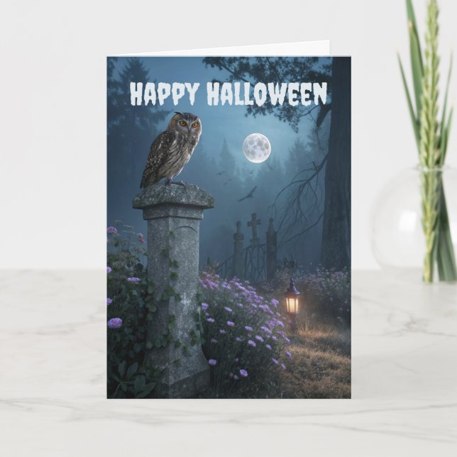 Halloween Creepy Owl Scene Holiday Card (Front)