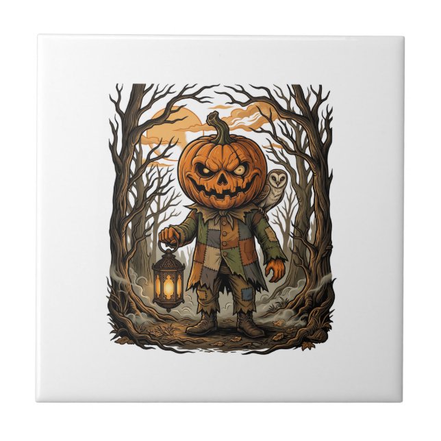 Halloween Creepy Pumpkin Scarecrow Lantern Owl Hau Ceramic Tile (Front)