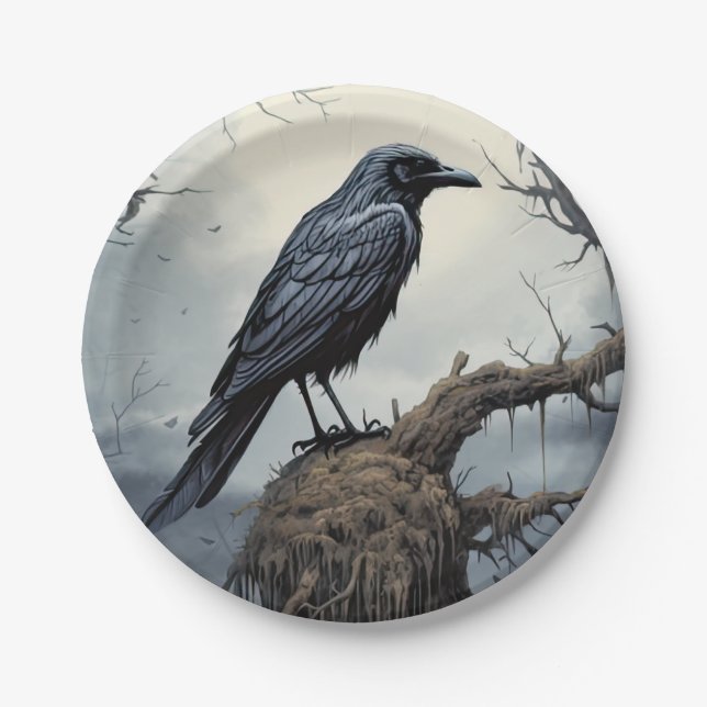 Halloween Creepy Raven Graveyard Cemetery Gothic Paper Plate (Front)