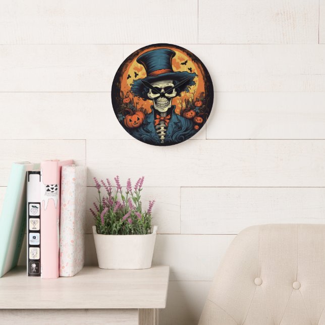 Halloween Creepy Scary Smiling Skeleton Large Clock (Reading Room)